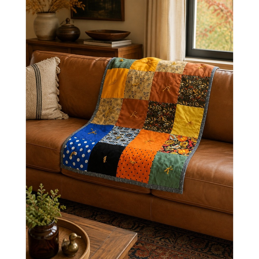 Handmade Tied Patchwork Lap Quilt 44x36 Eclectic Autumn Fall Throw